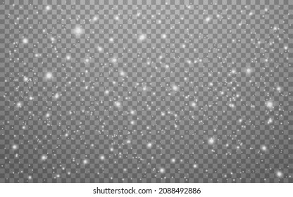 Snow background. Abstract white snowflakes on transparent backdrop. Falling sparks effect. White dust overlay. Magic winter design. Vector illustration.