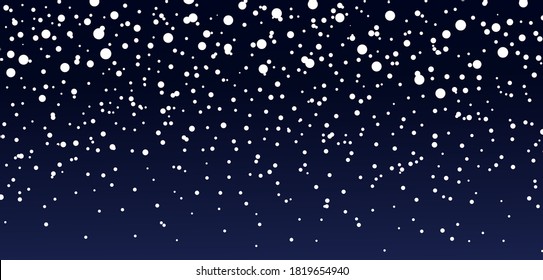 Snow background. Blue sky at night. Christmas snowfall in winter. Falling of snowflakes. Starry fall. Pattern with magic snowstorm. White frozen storm. Texture for winter holiday or starry sky. Vector