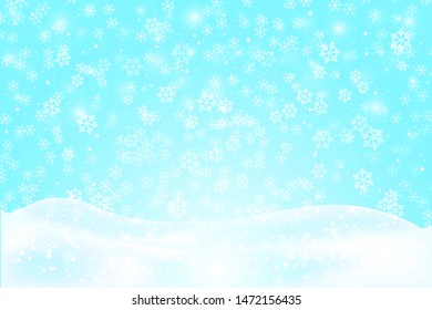 Snow background. Christmas landscape. Falling snowflakes. Realistic snowdrift isolated. Vector illustration.