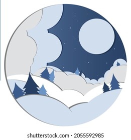 Fondo de nieve cayendo sobre colinas cubiertas de nieve y árboles de navidad azul claro