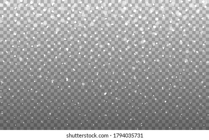 Fondo de nieve. Caer copos de nieve sobre un fondo transparente. Textura de nieve realista. Nevada de Navidad. Plantilla de invierno festiva con copos desenfocados. Ilustración vectorial.