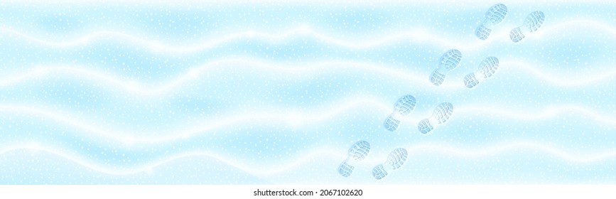 Snow background with footprints, boots steps track on clear blue and white winter surface, shoes trace top view. Frozen texture surface, road and snowy drifts landscape, Cartoon vector illustration