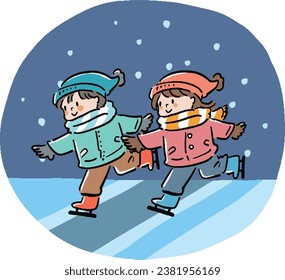 Snow background Illustration set of boys and girls ice skating
