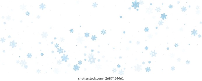 Fondo de nieve. Ornamento de escamas congeladas con cristales azules. Decoración fría de la estrella en el cielo blanco. Patrón escarchado estacional para el Anuncio de vacaciones. Ilustración vectorial.