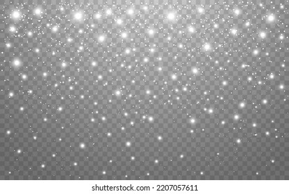 Snow background on transparent backdrop. Bright white snowflakes and sparks. Winter design template. Magic falling dust effect. Festive Christmas texture. Vector illustration.