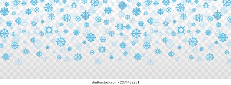 Snow background png. Vector volumetric snowflakes. Snowflakes of different shapes. Snowfall, blizzard, falling snowflakes. Christmas background.