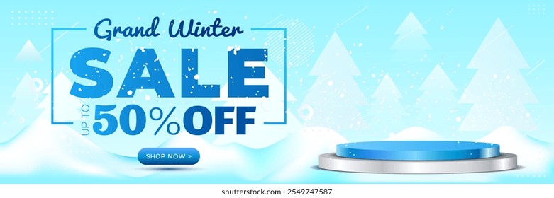 Snow background with podium and winter sale, 50% off, offer, deals, discount web banner design.