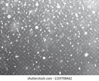 Snow background. Realistic falling snow. Winter design with snow on transparent background. Frost storm, snowfall effect. Christmas background. Vector illustration.