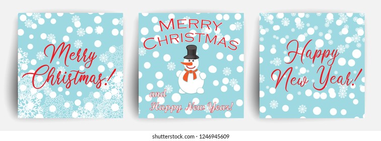 Snow background. Set of Christmas Greeting card with snowman. Design template for flyer, banner, invitation, congratulation. Christmas background with snowflakes. Falling snow. Vector illustration.