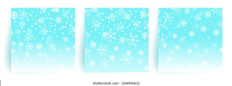 Snow background. Set of Christmas Greeting card design template for flyer, banner, invitation, congratulation. Christmas background with snowflakes. Falling snow. Vector illustration.