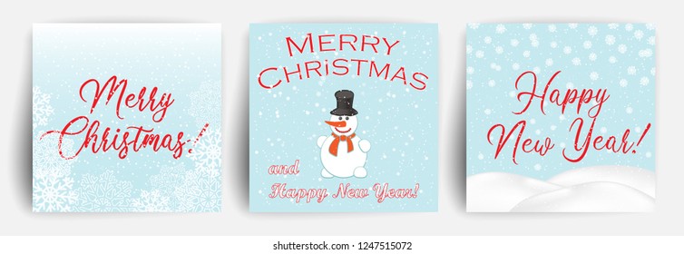 Snow background. Set of Christmas Greeting card with snowman. Design template for flyer, banner, invitation, congratulation. Christmas background with snowflakes. Vector illustration.
