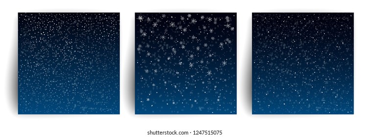 Snow background. Set of Christmas Greeting card design template for flyer, banner, invitation, congratulation. Christmas background with snowflakes. Falling snow. Vector illustration.