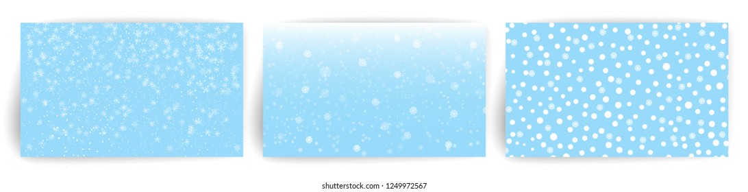 Snow background. Set of Christmas Greeting card design template for flyer, banner, invitation, congratulation. Christmas background with snowflakes. Vector illustration.