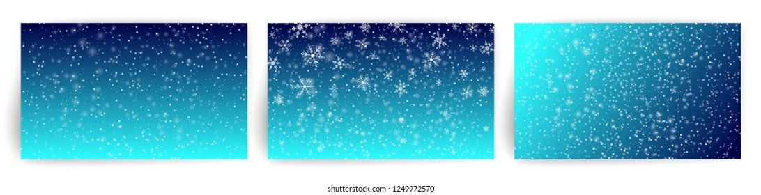 Snow background. Set of Christmas Greeting card design template for flyer, banner, invitation, congratulation. Christmas background with snowflakes. Vector illustration.