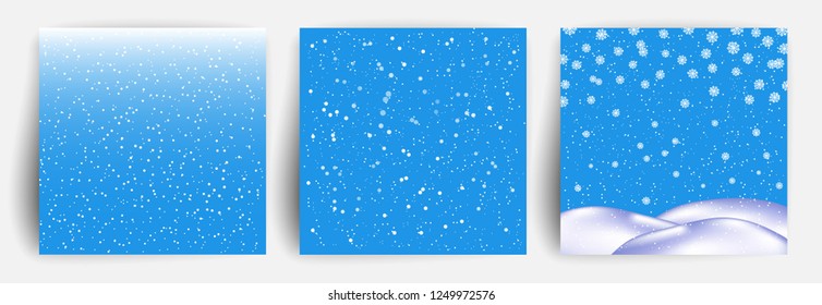 Snow background. Set of Christmas Greeting card design template for flyer, banner, invitation, congratulation. Christmas background with snowflakes. Vector illustration.