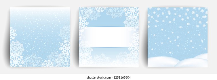 Snow background. Set of Christmas Greeting card design template for flyer, banner, invitation, congratulation. Christmas background with snowflakes. Vector illustration.