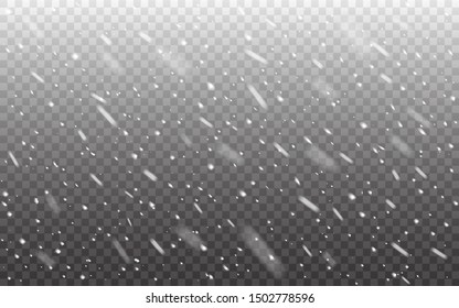 Snow background. Snowfall realistic on transparent backdrop. Snow template with defocused flakes. Christmas texture isolated on dark. Winter concept. Vector illustration.