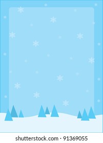 Snow Background A snowy winter landscape, dotted with coniferous trees on the horizon and snowflakes floating in air.