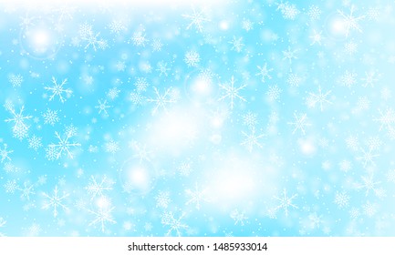 Snow background. Vector illustration with snowflakes. Winter blue sky. Christmas background. Falling snow.