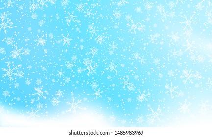 Snow background. Vector illustration with snowflakes. Winter blue sky. Christmas background. Falling snow.