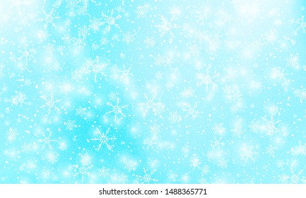 Snow background. Vector illustration with snowflakes. Winter blue sky. Christmas background. Falling snow.