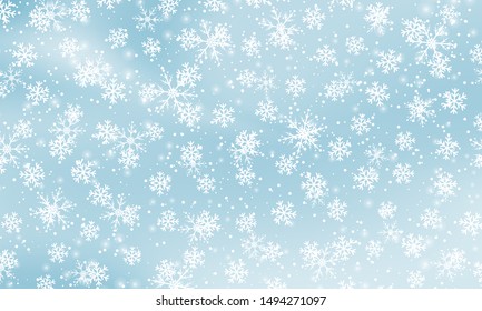 Snow background. Vector illustration with snowflakes. Winter blue sky. Christmas background. Falling snow.