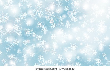 Snow background. Vector illustration with snowflakes. Winter blue sky. Christmas background. Falling snow.