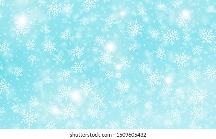 Snow background. Vector illustration with snowflakes. Winter blue sky. Christmas background. Falling snow.