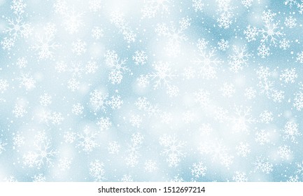 Snow background. Vector illustration with snowflakes. Winter blue sky. Christmas background. Falling snow.