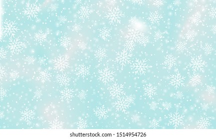 Snow background. Vector illustration with snowflakes. Winter blue sky. Christmas background. Falling snow.