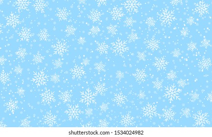 Snow background. Vector illustration with snowflakes. Winter blue sky. Christmas background. Falling snow.