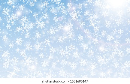 Snow background. Vector illustration with snowflakes. Winter blue sky. Christmas background. Falling snow.