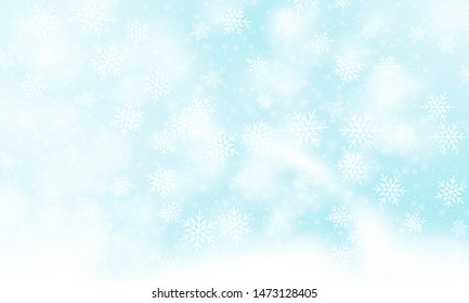 Snow background. Vector illustration. Winter snowfall. White snowflakes on blue sky. Christmas background. Falling snow.