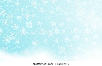 Snow background. Vector illustration. Winter snowfall. White snowflakes on blue sky. Christmas background. Falling snow.