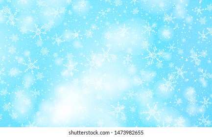 Snow background. Vector illustration. Winter snowfall. White snowflakes on blue sky. Christmas background. Falling snow.