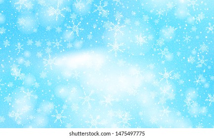 Snow background. Vector illustration. Winter snowfall. White snowflakes on blue sky. Christmas background. Falling snow.