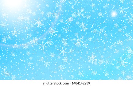 Snow background. Vector illustration. Winter snowfall. White snowflakes on blue sky. Christmas background. Falling snow.