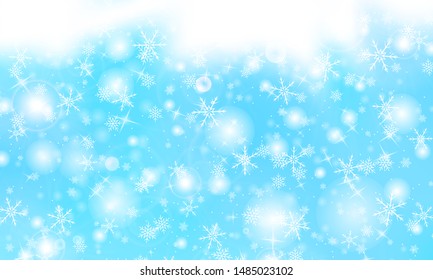 Snow background. Vector illustration. Winter snowfall. White snowflakes on blue sky. Christmas background. Falling snow.