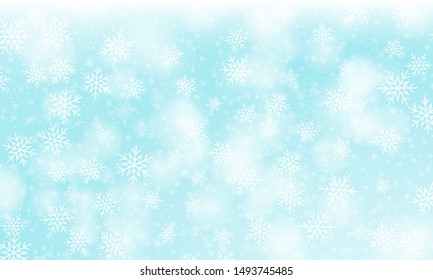 Snow background. Vector illustration. Winter snowfall. White snowflakes on blue sky. Christmas background. Falling snow.