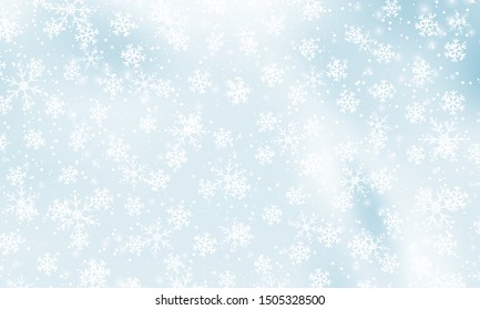 Snow background. Vector illustration. Winter snowfall. White snowflakes on blue sky. Christmas background. Falling snow.