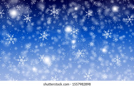Snow background. Vector illustration. Winter snowfall. White snowflakes on blue sky. Christmas background. Falling snow.