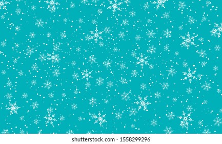 Snow background. Vector illustration. Winter snowfall. White snowflakes on blue sky. Christmas background. Falling snow.