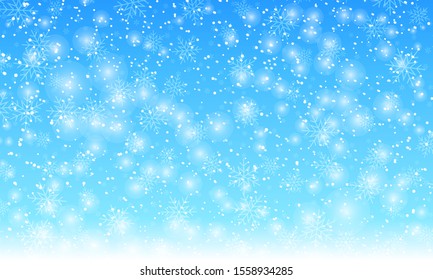 Snow background. Vector illustration. Winter snowfall. White snowflakes on blue sky. Christmas background. Falling snow.