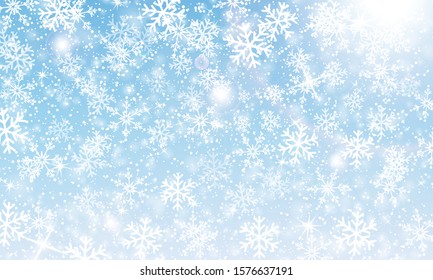 Snow background. Vector illustration. Winter snowfall. White snowflakes on blue sky. Christmas background. Falling snow.