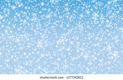 Snow background. Vector illustration. Winter snowfall. White snowflakes on blue sky. Christmas background. Falling snow.
