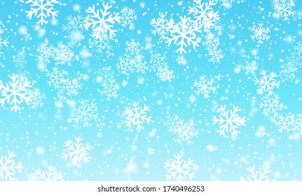 Fondo de Nieve. Ilustración vectorial. Nieve de invierno. Copos De Nieve Blancos En El Cielo Azul. Fondo de Navidad. Nieve cayendo.