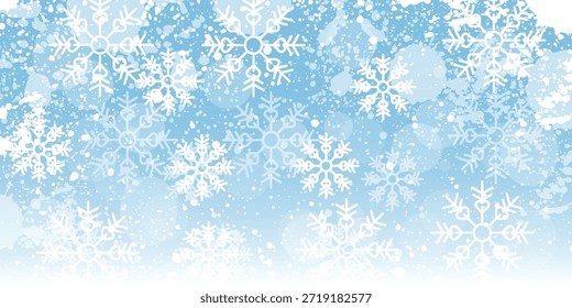Snow background. Vector illustration. Winter snowfall. White snowflakes on blue sky. Christmas background. Falling snow.