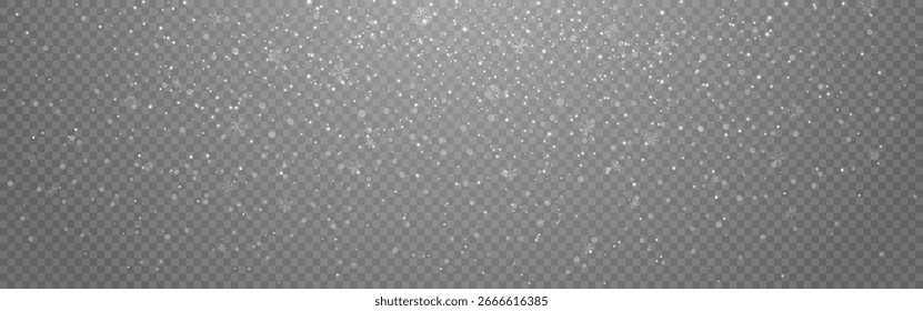 Snow background with white falling snowflakes. Christmas snowfall for holiday, seasonal or magical design. Realistic white flakes with overlay effect on transparent backdrop. Vector Illustration.