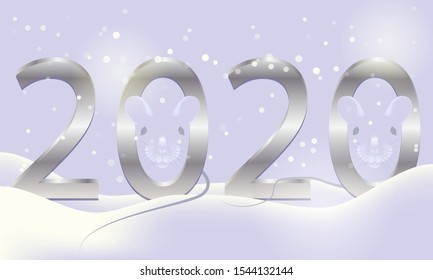 Snow background with White Metal Rat Chinese year symbol. Mouse Chinese new year symbol. Happy new year. 2020 numbers. Vector illustration