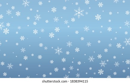 Snow background. Winter snowfall. White snowflakes on blue sky. Christmas background. Falling snow.